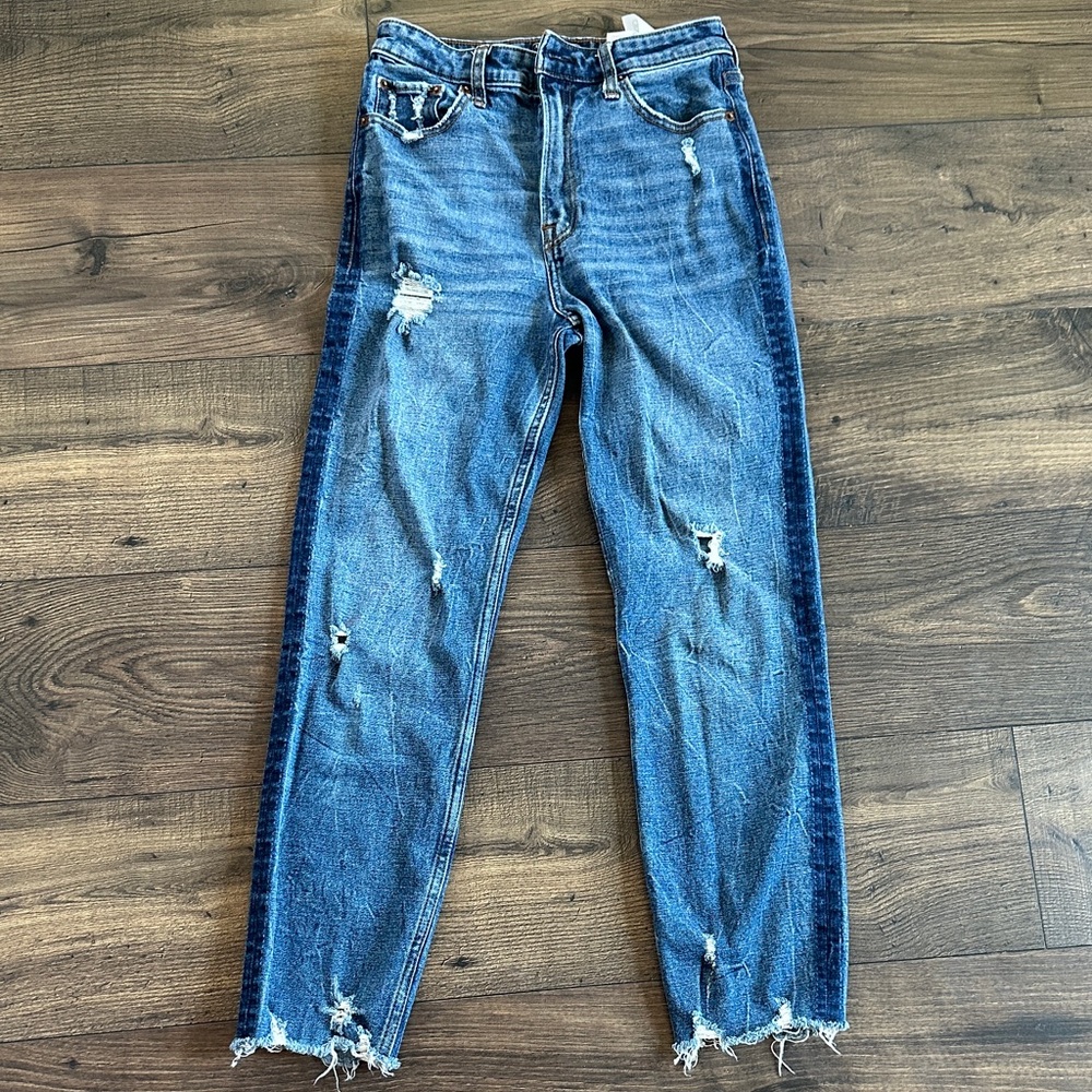 Abercrombie & Fitch Blue Distressed Skinny Jeans with Dark Side Panels